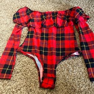 Plaid off the shoulder body suit